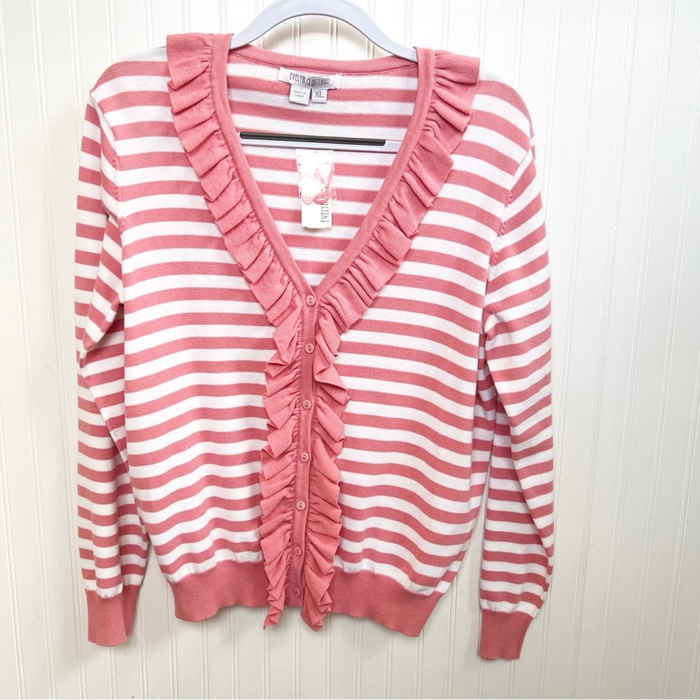 Evelyn & Arthur Coral Pink & White Stripe Ruffle Trim Cardigan Sweater XL NEW